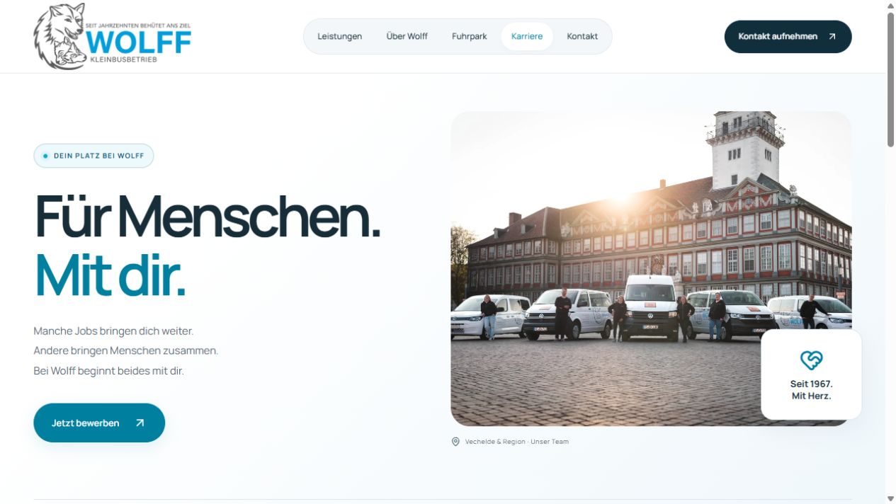 Wolff-Karriereseite mit Teamfoto und Bewerbungsformular.