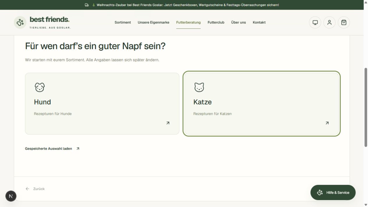 Futterberater mit schrittweiser Auswahl für Hunde und Katzen.