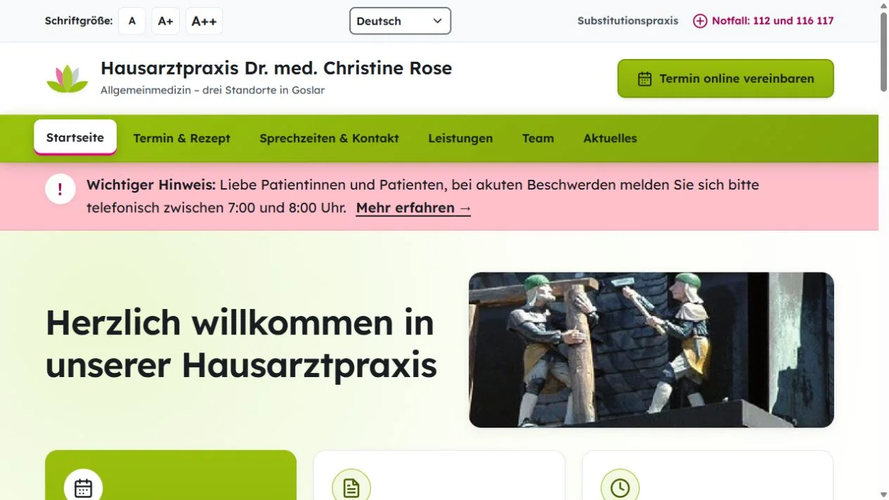 Praxiswebsite mit Sprachwahl, Schriftgrößen und direktem Zugang zu Termin und Rezept.