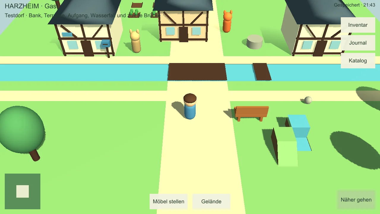 Spielbarer Harzheim-Prototyp mit Fachwerkhäusern, Bach, Brücken und Spielfigur.