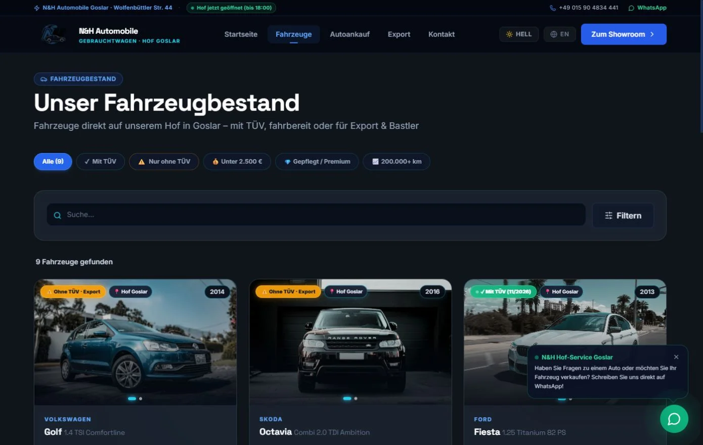 N&H Automobile: Fahrzeugübersicht mit Suche, Filtern und Fahrzeugkarten.